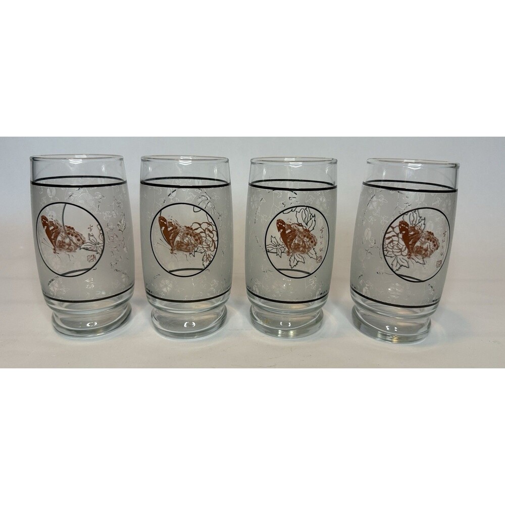 Frosted Glass Tumblers Set 4 Butterfly Floral Asian Etched Gold Drinkware VTG